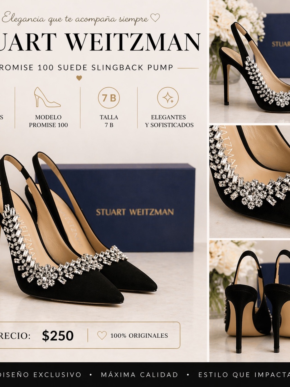 Stuart Weitzman Black Suede Slingback Pumps with Crystal Cluster